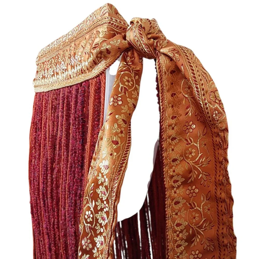 NWOT Handcrafted Tribal Bellydance Two-Panel Skirt Orange Gold Brocade Fringe OS